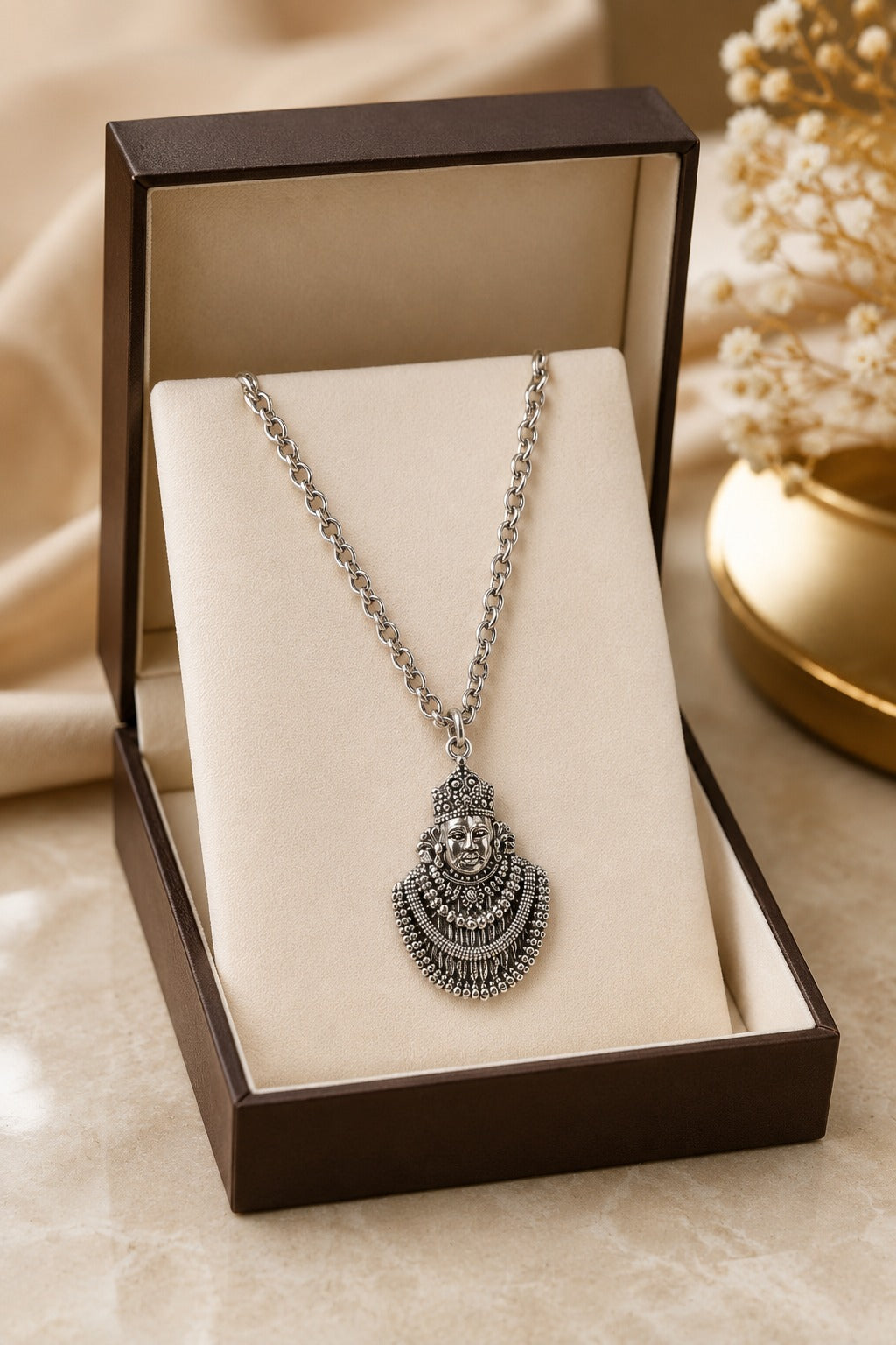 Khatu Shyam Ji Oxidised Silver coated Locket with Chain for Men & Women