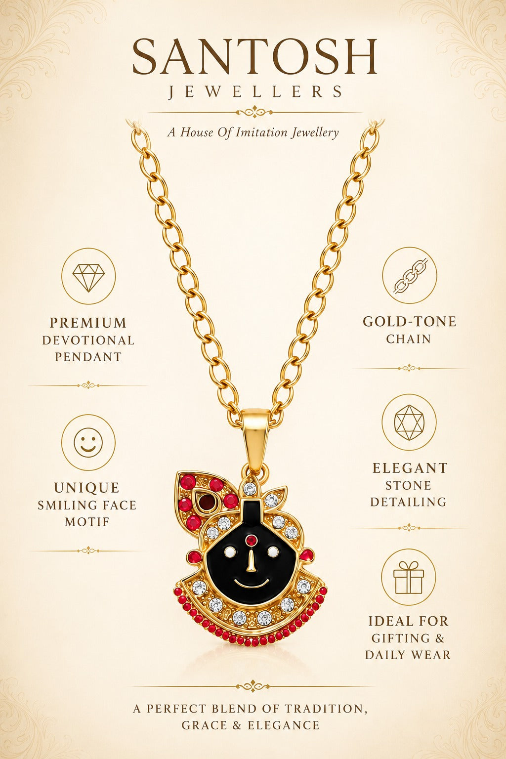 Shreenath Ji Gold-Tone Stone-Studded Pendant with Chain for Men & Women