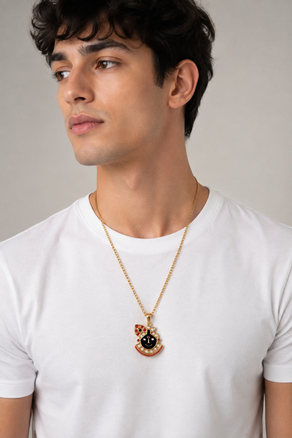 Shreenath Ji Gold-Tone Stone-Studded Pendant with Chain for Men & Women