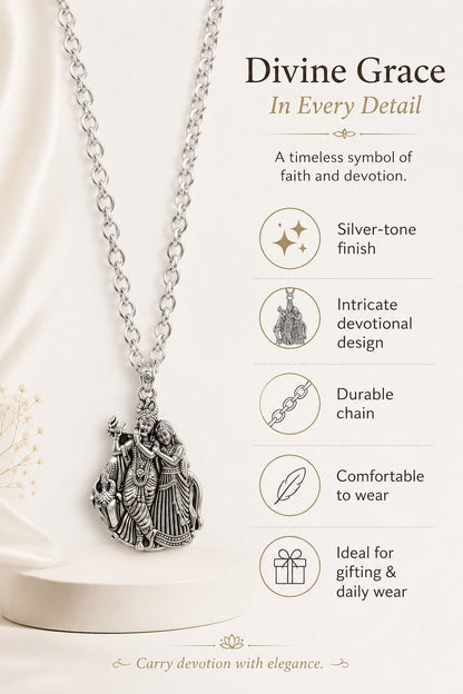 Radha Krishna Ji Oxidised Silver-Tone Pendant Necklace with Chain