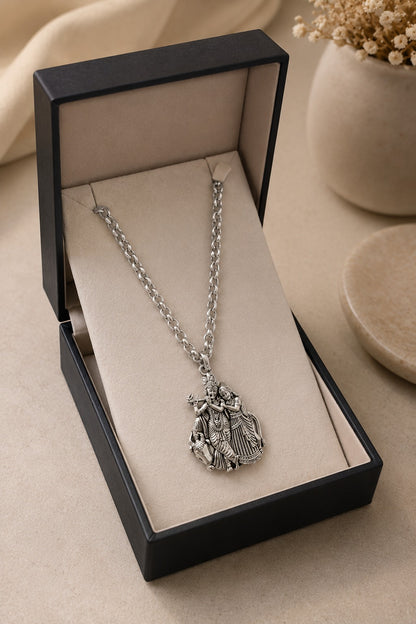 Radha Krishna Ji Oxidised Silver-Tone Pendant Necklace with Chain