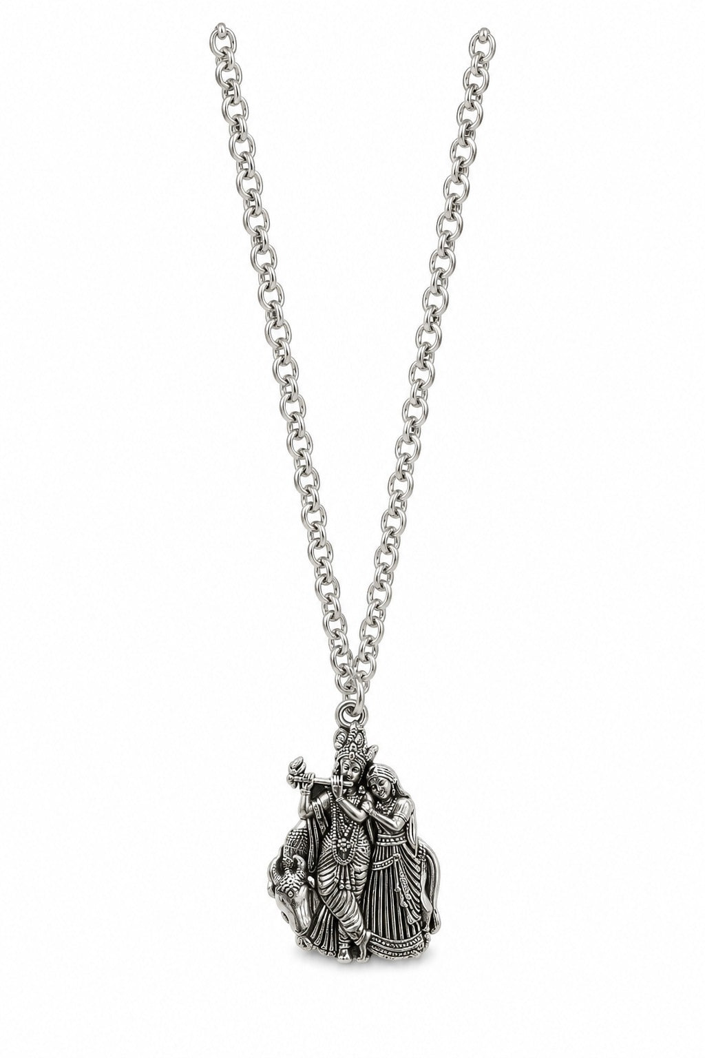 Radha Krishna Ji Oxidised Silver-Tone Pendant Necklace with Chain