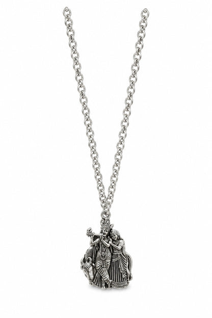 Radha Krishna Ji Oxidised Silver-Tone Pendant Necklace with Chain