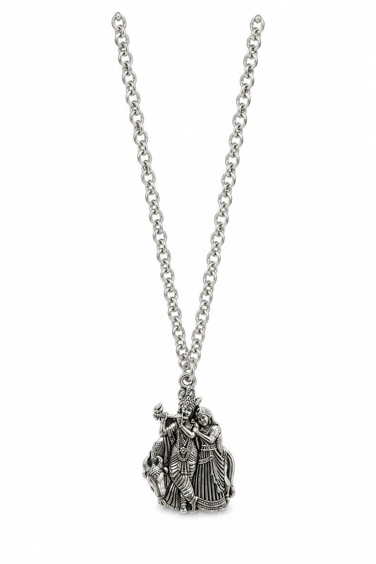 Radha Krishna Ji Oxidised Silver-Tone Pendant Necklace with Chain