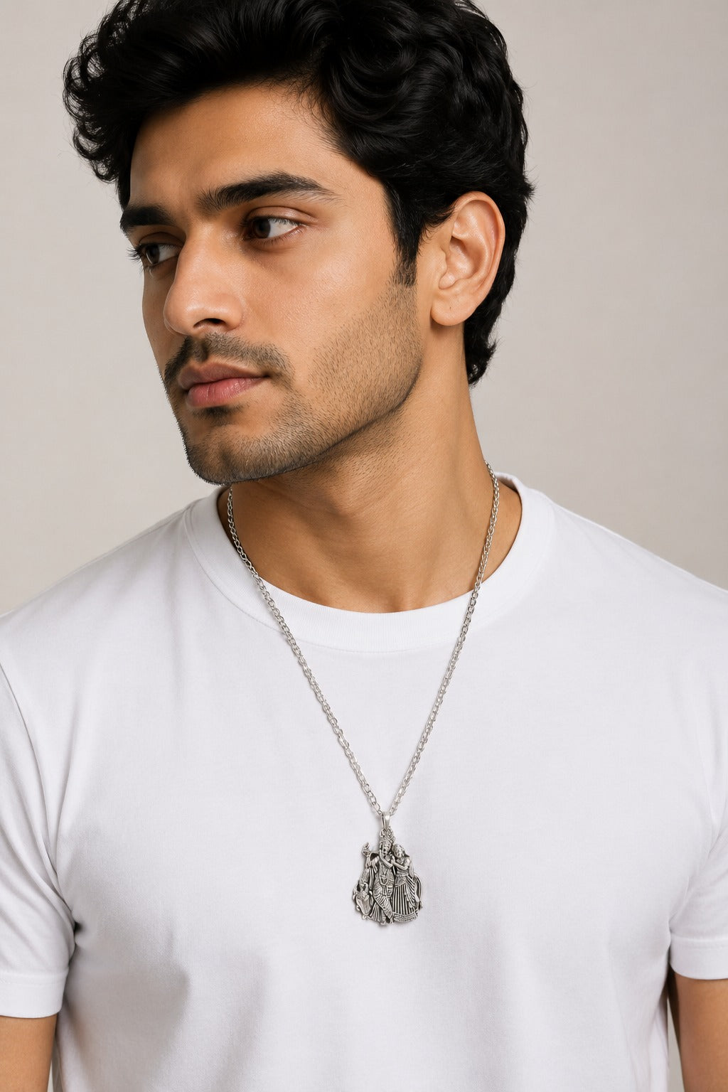 Radha Krishna Ji Oxidised Silver-Tone Pendant Necklace with Chain
