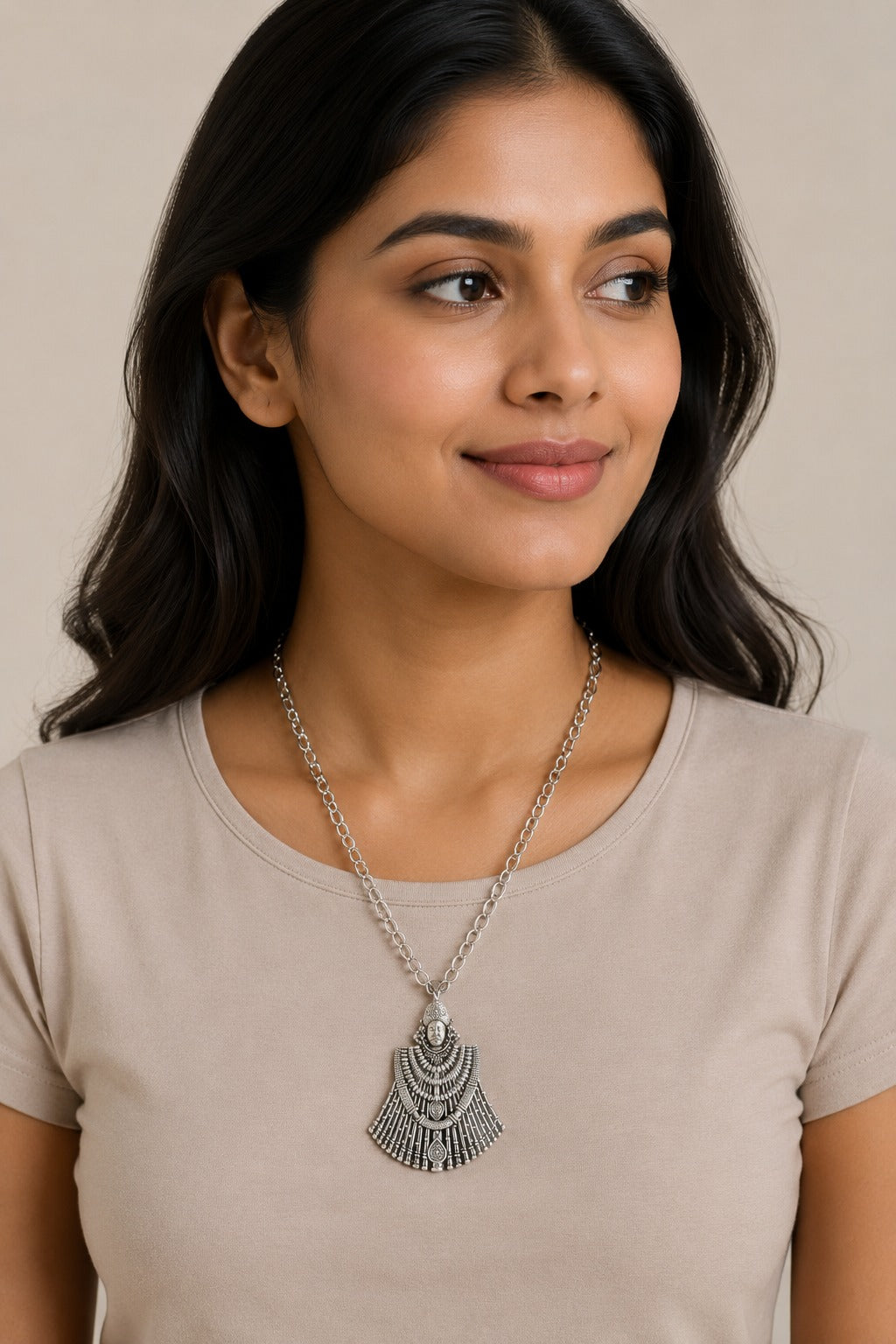 Khatu Shyam Ji Full-Form Oxidised Silver-Tone Pendant with Chain