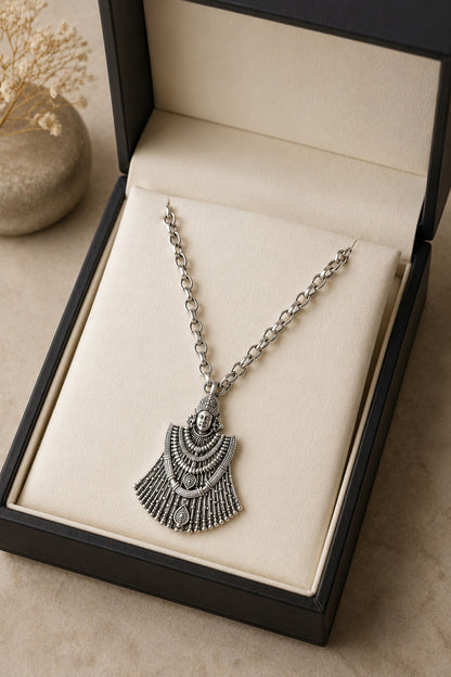 Khatu Shyam Ji Full-Form Oxidised Silver-Tone Pendant with Chain
