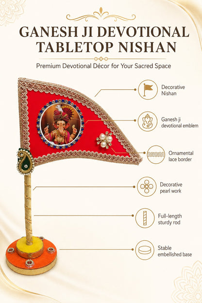 Ganesh Ji Dhwaja Red | Ganpati Flag for Home Temple, Office & Puja Decoration | Decorative Tabletop Ganesh Ji Flag