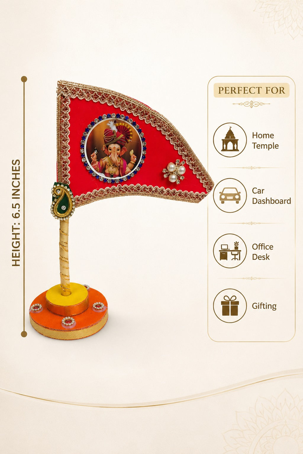Ganesh Ji Dhwaja Red | Ganpati Flag for Home Temple, Office & Puja Decoration | Decorative Tabletop Ganesh Ji Flag