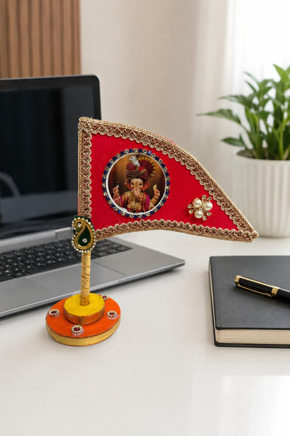 Ganesh Ji Dhwaja Red | Ganpati Flag for Home Temple, Office & Puja Decoration | Decorative Tabletop Ganesh Ji Flag