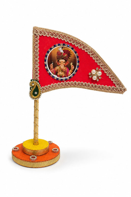 Ganesh Ji Dhwaja Red | Ganpati Flag for Home Temple, Office & Puja Decoration | Decorative Tabletop Ganesh Ji Flag
