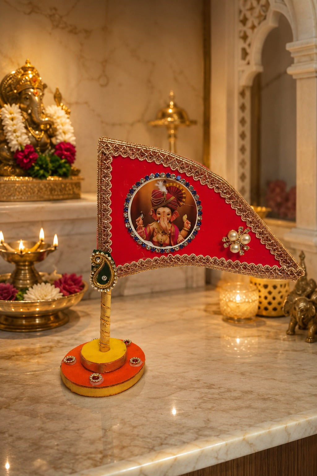 Ganesh Ji Dhwaja Red | Ganpati Flag for Home Temple, Office & Puja Decoration | Decorative Tabletop Ganesh Ji Flag