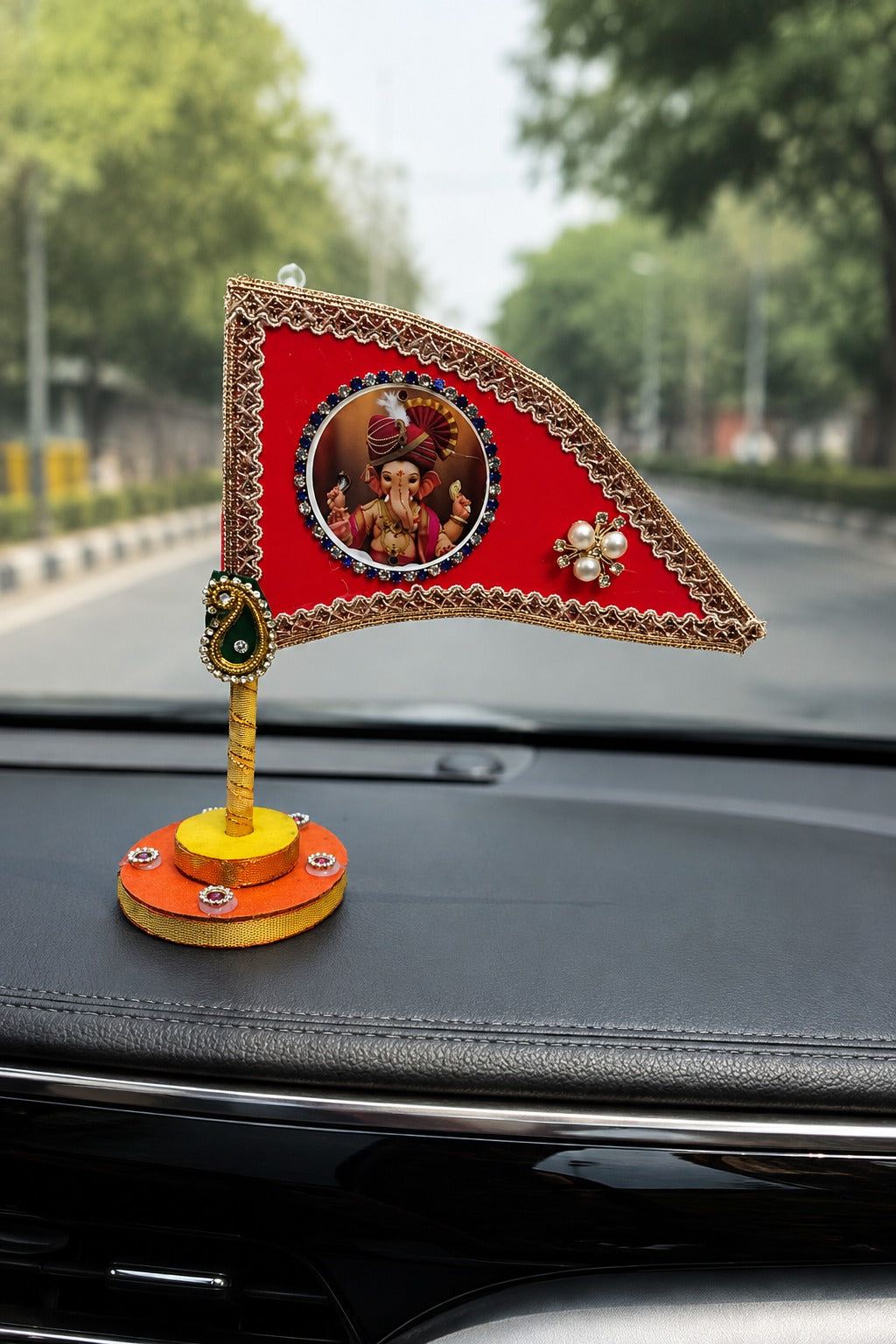 Ganesh Ji Dhwaja Red | Ganpati Flag for Home Temple, Office & Puja Decoration | Decorative Tabletop Ganesh Ji Flag