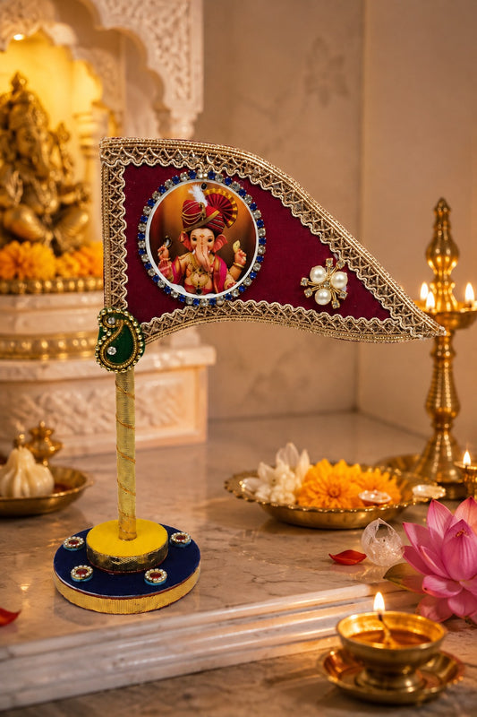 Ganesh Ji Dhwaja Maroon | Ganpati Flag for Home Temple, Office & Puja Decoration | Decorative Tabletop Ganesh Ji Flag