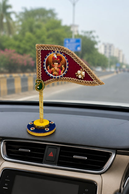 Ganesh Ji Maroon Dhwaja 2 Brooch | Ganpati Ganesh Flag for Home Temple, Office & Puja Decoration | Decorative Tabletop Ganesh Ji Flag with Free Ganesh Ji Brooch