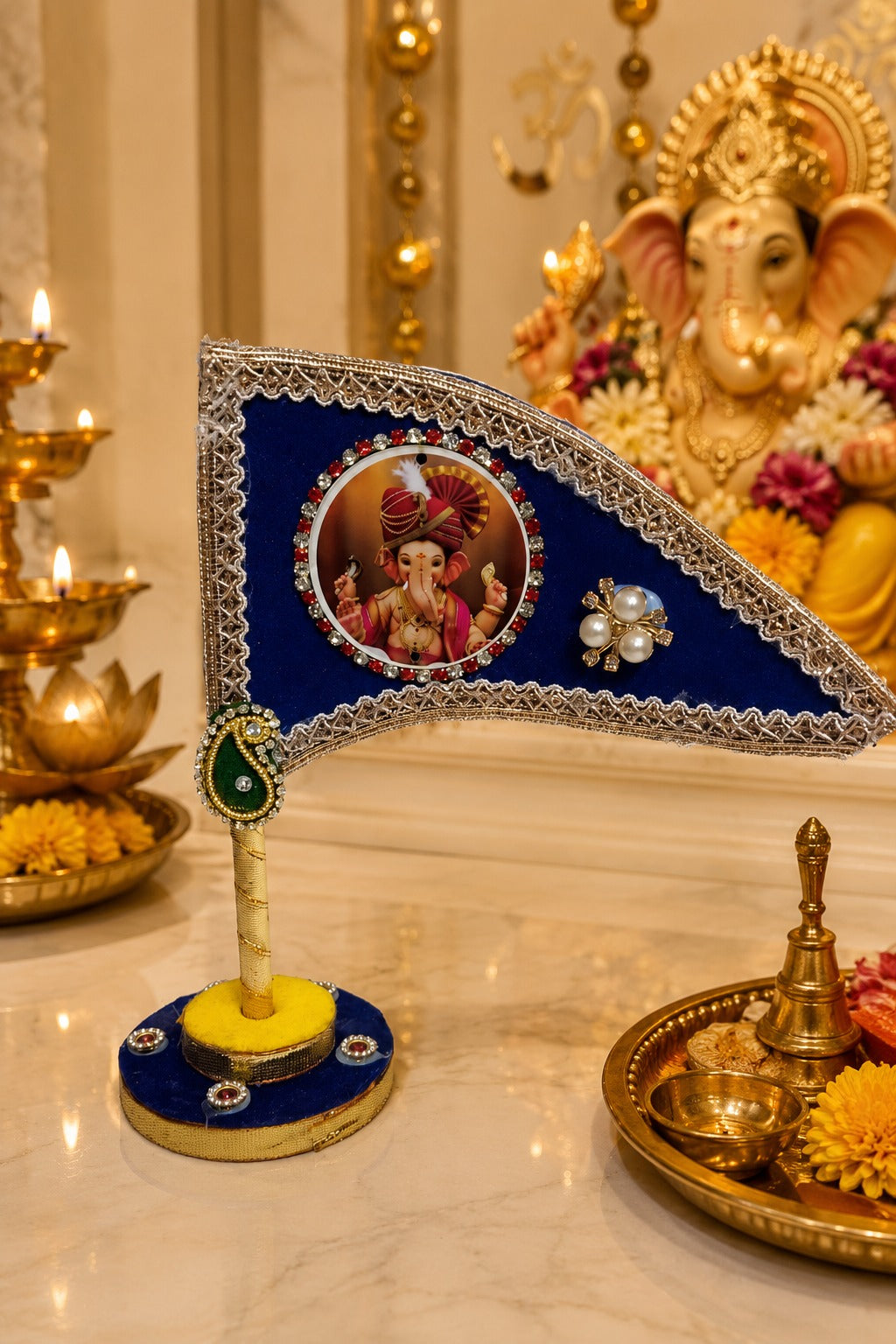 Ganesh Ji Dhwaja Navy Blue | Ganpati Flag for Home Temple, Office & Puja Decoration | Decorative Tabletop Ganesh Ji Flag