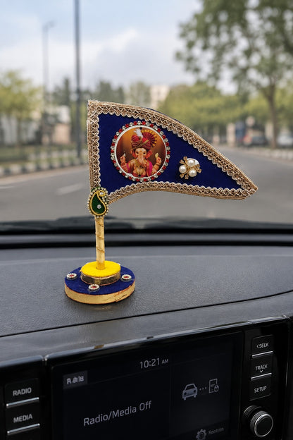 Ganesh Ji Dhwaja Navy Blue | Ganpati Flag for Home Temple, Office & Puja Decoration | Decorative Tabletop Ganesh Ji Flag
