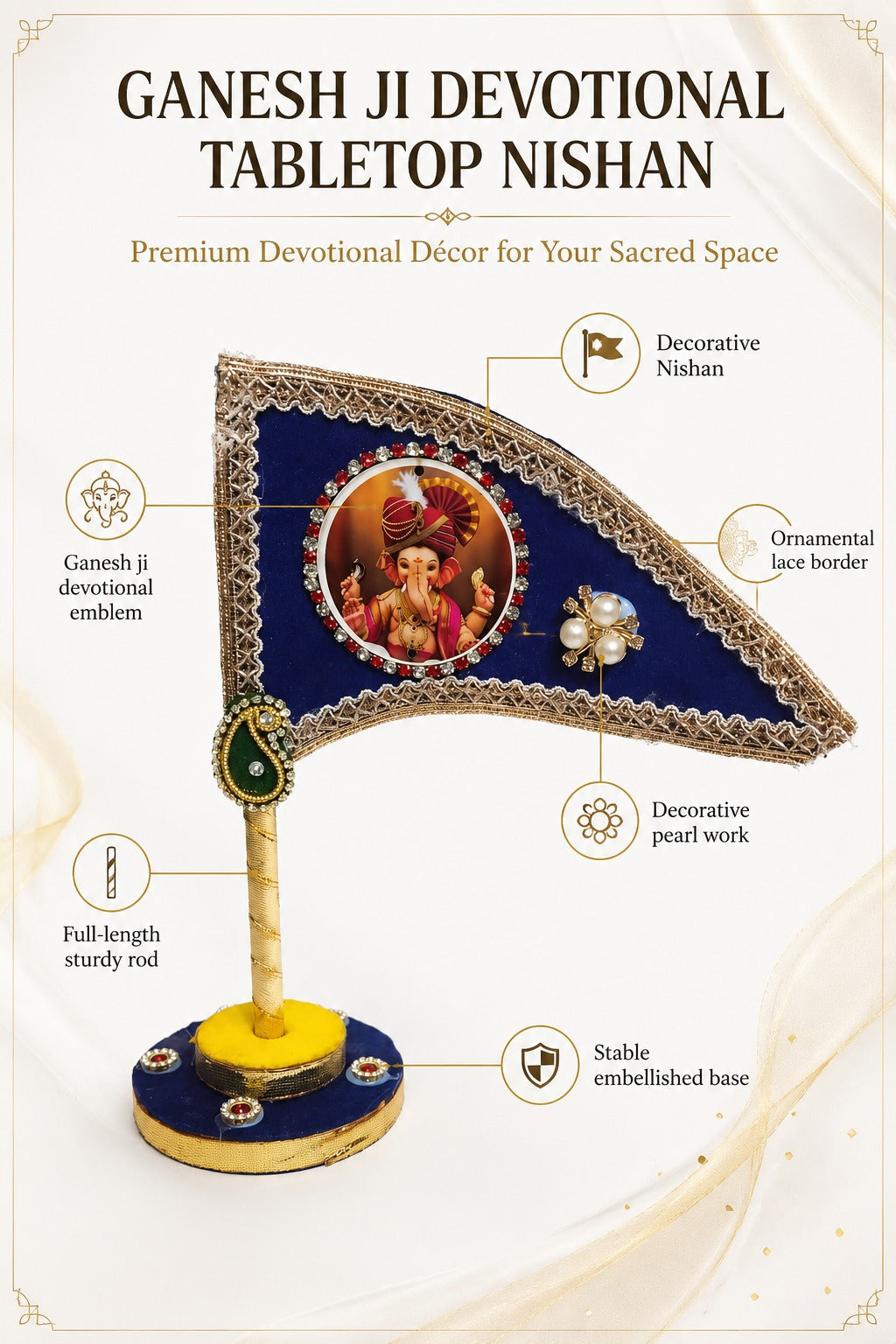 Ganesh Ji Dhwaja Navy Blue | Ganpati Flag for Home Temple, Office & Puja Decoration | Decorative Tabletop Ganesh Ji Flag