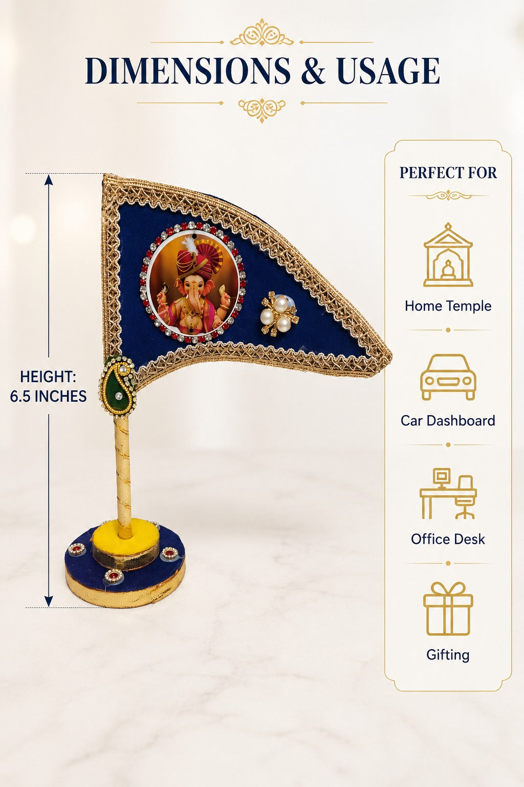 Ganesh Ji Dhwaja Navy Blue | Ganpati Flag for Home Temple, Office & Puja Decoration | Decorative Tabletop Ganesh Ji Flag