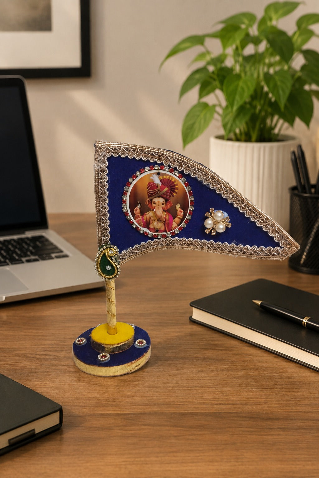 Ganesh Ji Dhwaja Navy Blue | Ganpati Flag for Home Temple, Office & Puja Decoration | Decorative Tabletop Ganesh Ji Flag