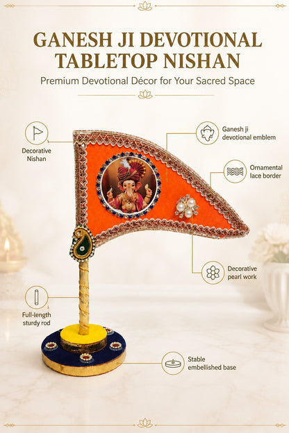 Ganesh Ji Dhwaja Orange| Ganpati Flag for Home Temple, Office & Puja Decoration | Decorative Tabletop Ganesh Ji Flag