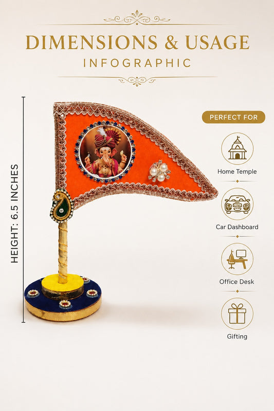 Ganesh Ji Dhwaja Orange| Ganpati Flag for Home Temple, Office & Puja Decoration | Decorative Tabletop Ganesh Ji Flag