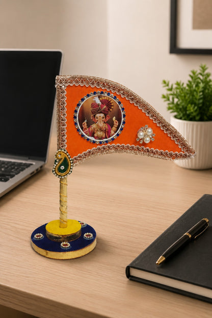 Ganesh Ji Dhwaja Orange| Ganpati Flag for Home Temple, Office & Puja Decoration | Decorative Tabletop Ganesh Ji Flag
