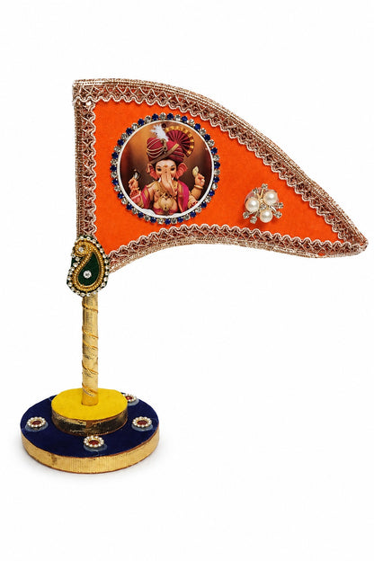 Ganesh Ji Dhwaja Orange| Ganpati Flag for Home Temple, Office & Puja Decoration | Decorative Tabletop Ganesh Ji Flag