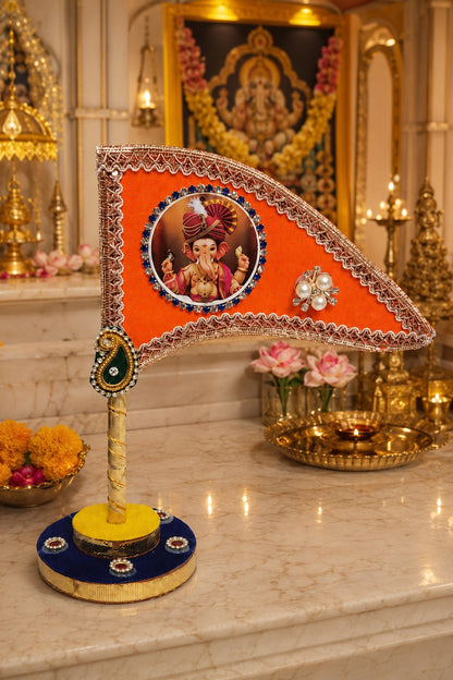 Ganesh Ji Dhwaja Orange| Ganpati Flag for Home Temple, Office & Puja Decoration | Decorative Tabletop Ganesh Ji Flag
