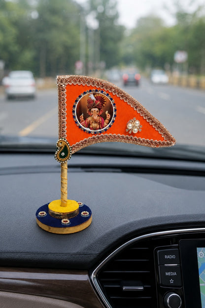 Ganesh Ji Dhwaja Orange| Ganpati Flag for Home Temple, Office & Puja Decoration | Decorative Tabletop Ganesh Ji Flag