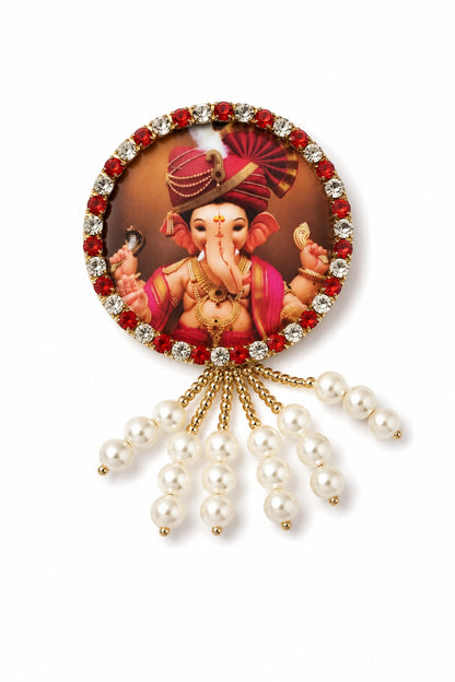 Ganesh Ji Maroon Dhwaja 2 Brooch | Ganpati Ganesh Flag for Home Temple, Office & Puja Decoration | Decorative Tabletop Ganesh Ji Flag with Free Ganesh Ji Brooch