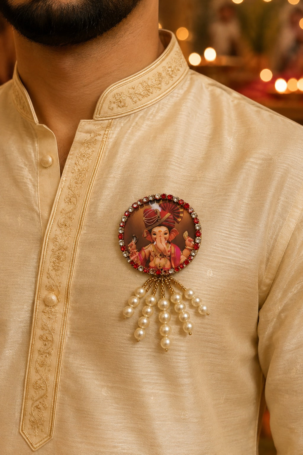 Ganesh Ji Decorative Brooch with Pearl Tassels & Stone Border for Saree, Kurta, Blazer & Religious Gifting