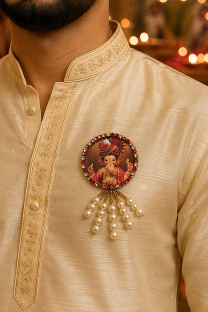 Ganesh Ji Decorative Brooch with Pearl Tassels & Stone Border for Saree, Kurta, Blazer & Religious Gifting