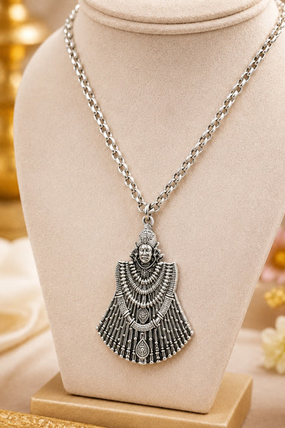 Khatu Shyam Ji Full-Form Oxidised Silver-Tone Pendant with Chain