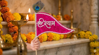 Shri Shyam Maroon Velvet Nishan with Peacock Feather – Premium Devotional Flag