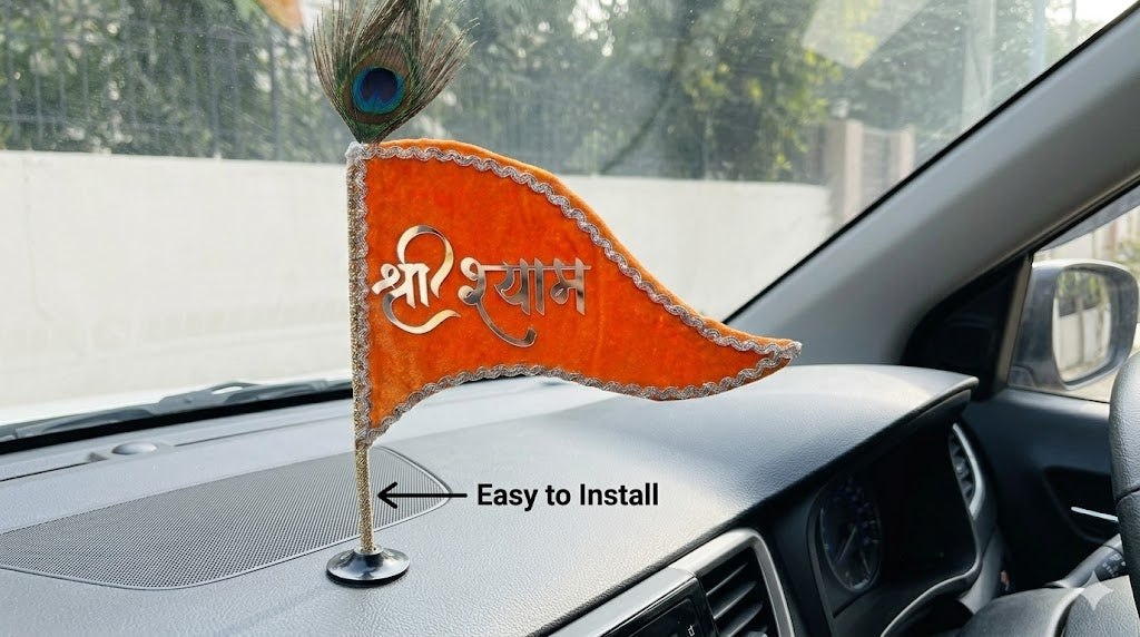 Shri Shyam Saffron Velvet Nishan with Peacock Feather – Premium Devotional Flag