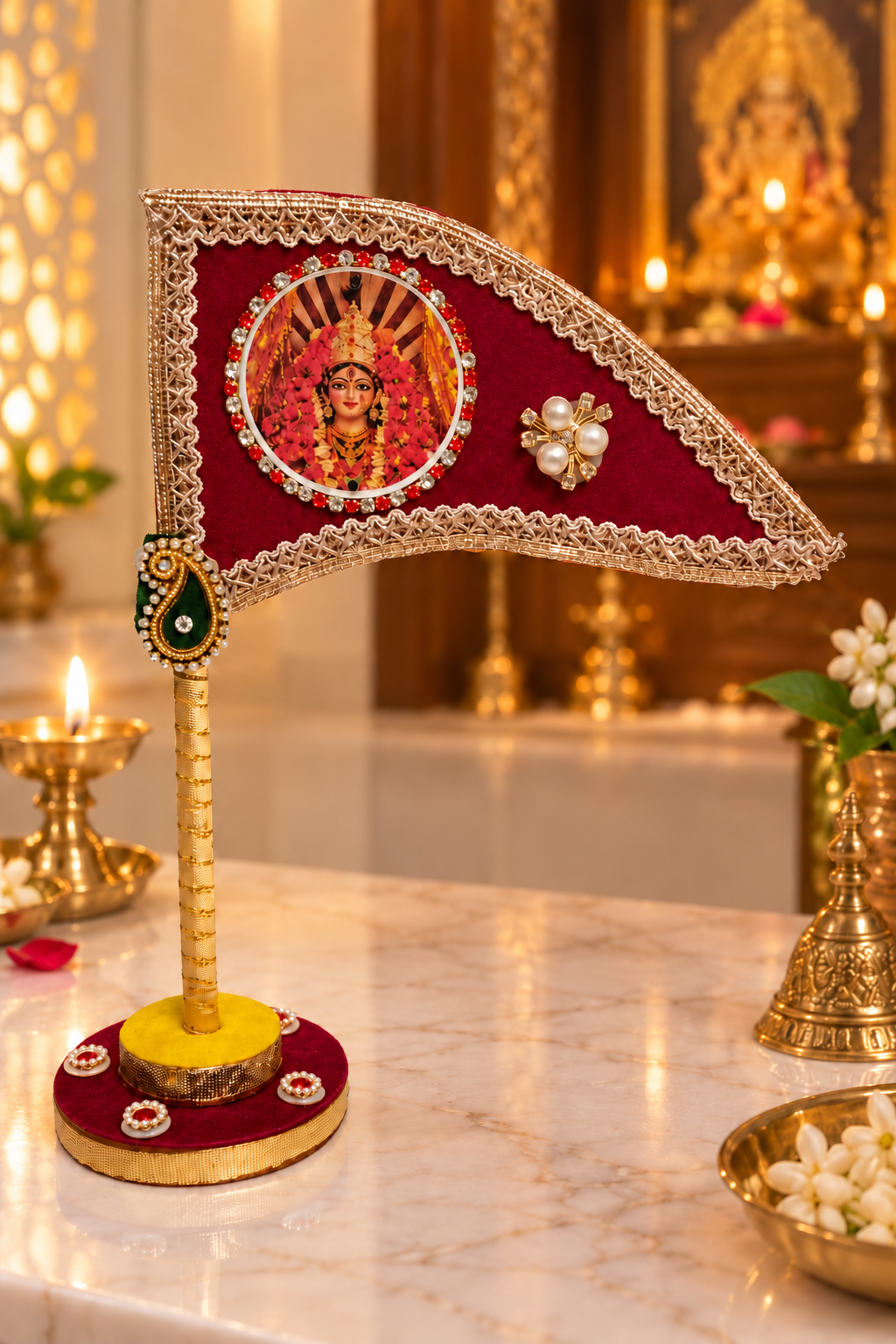 Maroon Durga Mata tabletop nishan for home temple pooja decor