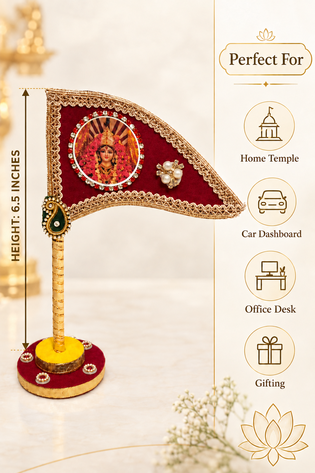6.5 inch maroon Durga Mata tabletop nishan multi use decor