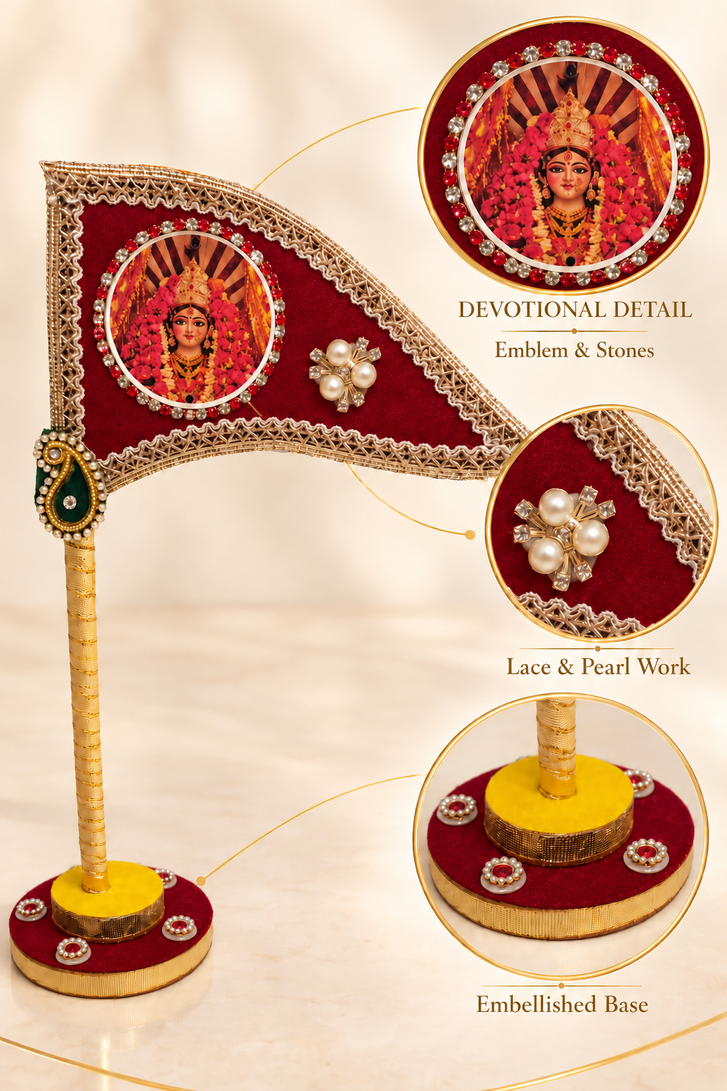 Durga Mata maroon nishan emblem lace pearl work and embellished base