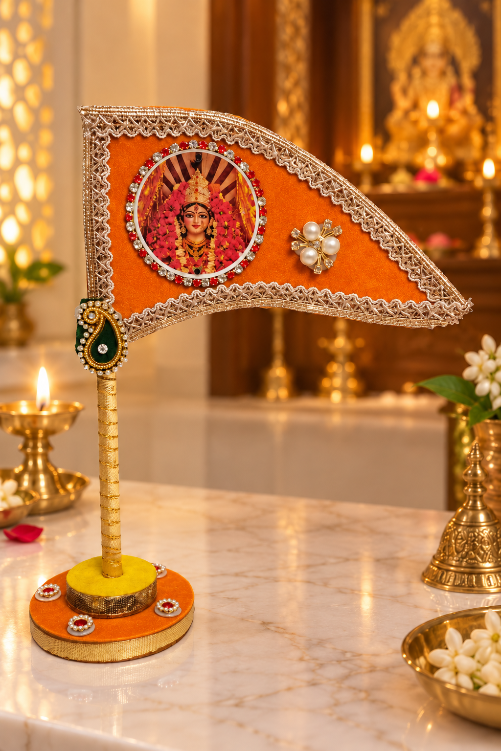 Orange Durga Mata tabletop nishan for home temple pooja decor