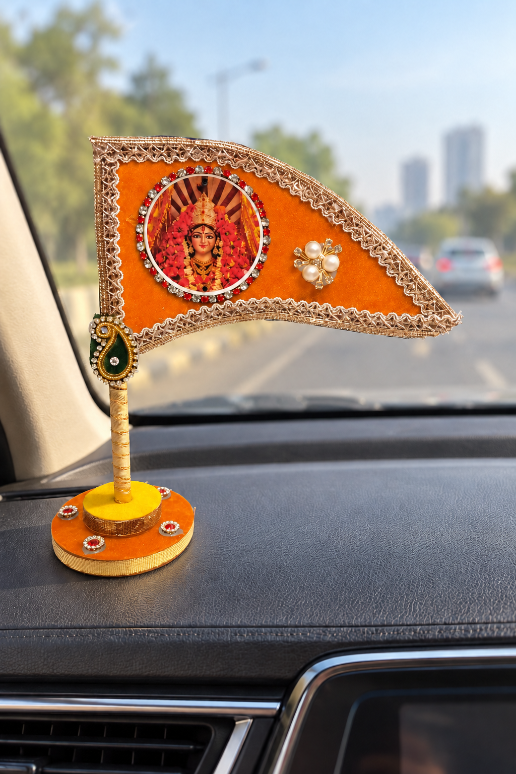 Orange Durga Mata nishan for car dashboard decor