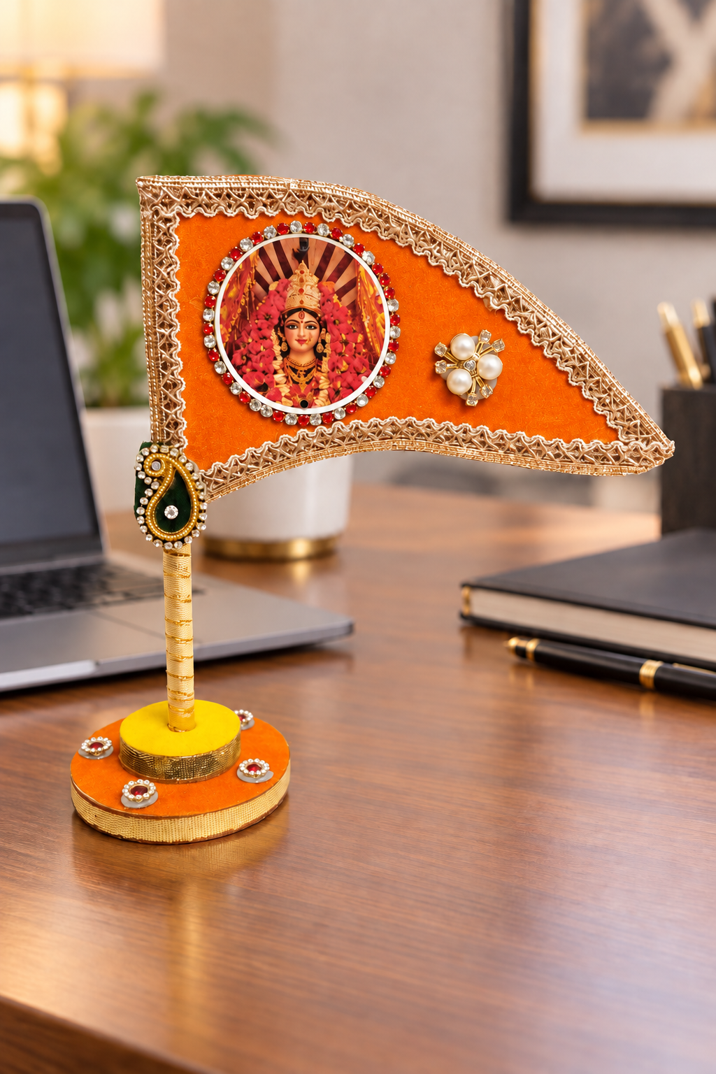 Orange Durga Mata decorative nishan for office desk