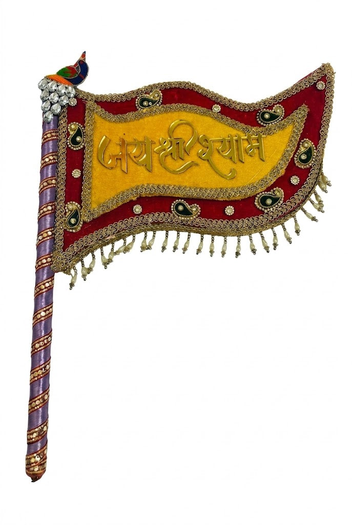 Jai Shri Shyam Designer Yellow & Maroon Velvet Nishan – Heavy Decorative Flag with Pearl Hanging