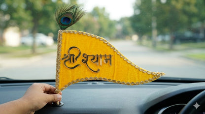 Shri Shyam Yellow Velvet Nishan with Peacock Feather – Premium Devotional Flag
