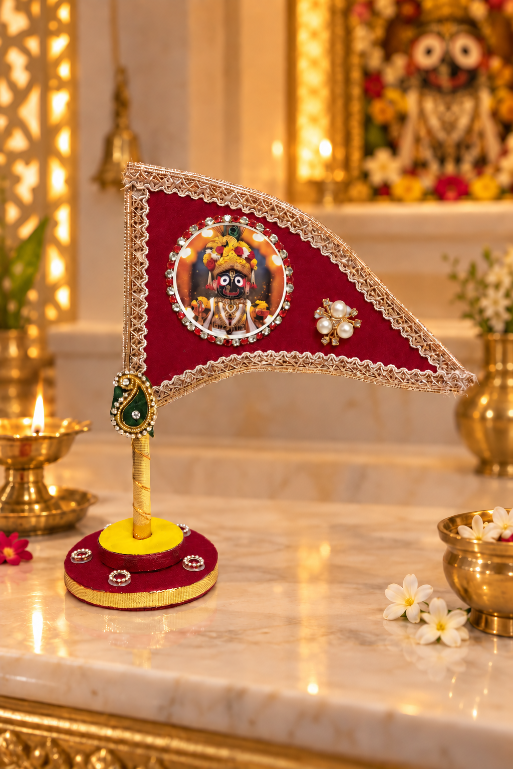 Jagannath Ji maroon decorative tabletop nishan for home temple