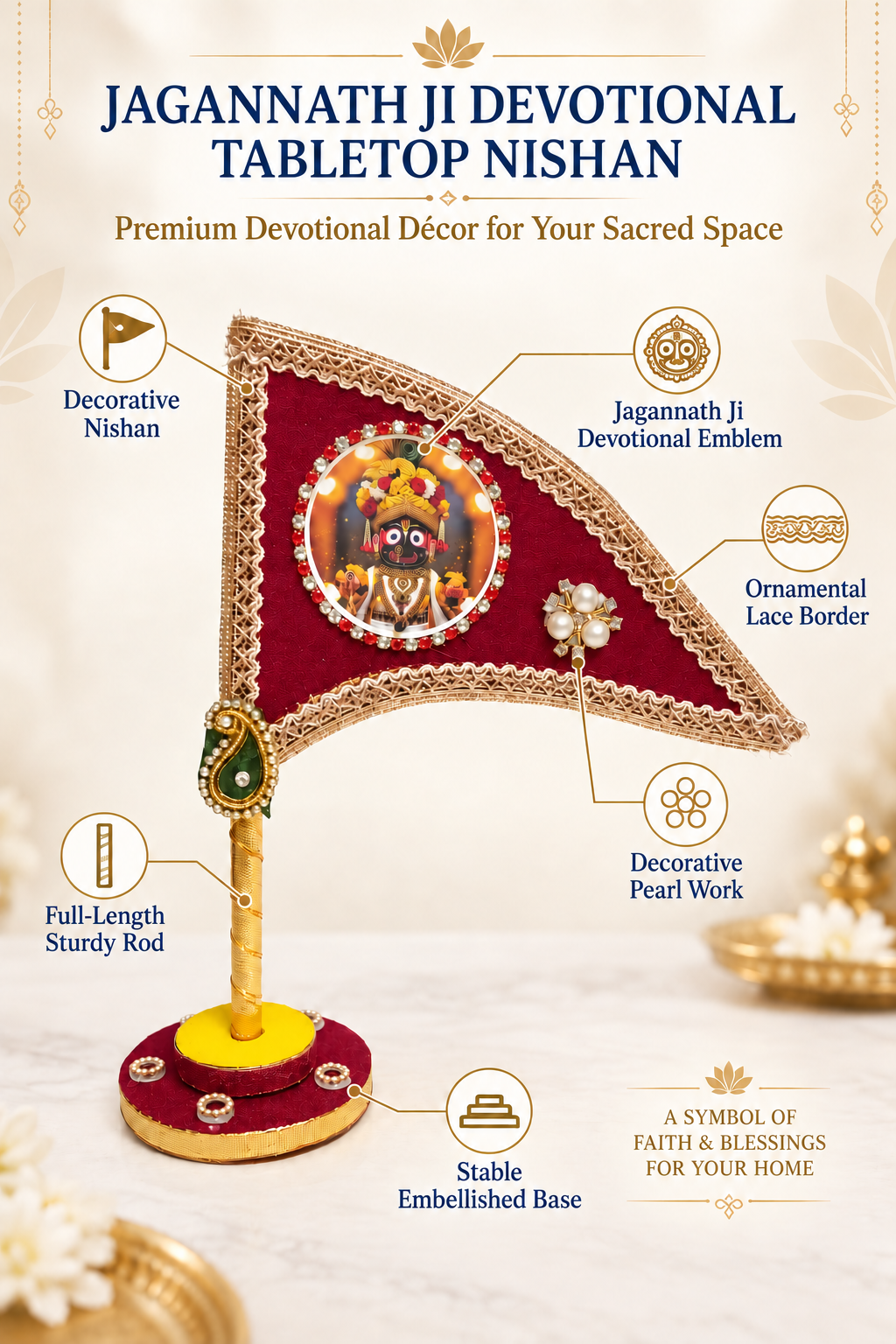 Jagannath Ji maroon devotional tabletop nishan features and decorative details