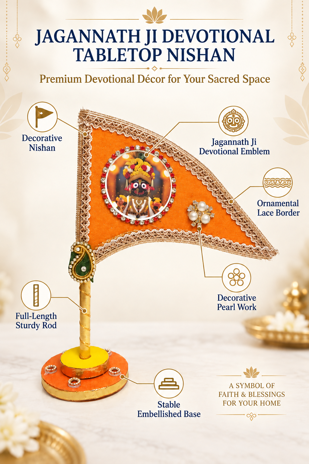 Jagannath Ji orange devotional tabletop nishan features and decorative details