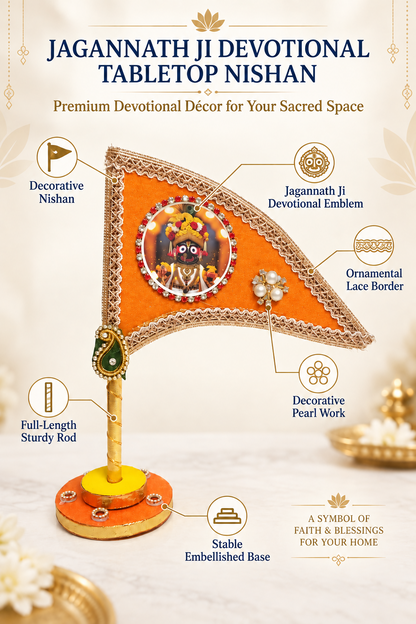 Jagannath Ji orange devotional tabletop nishan features and decorative details
