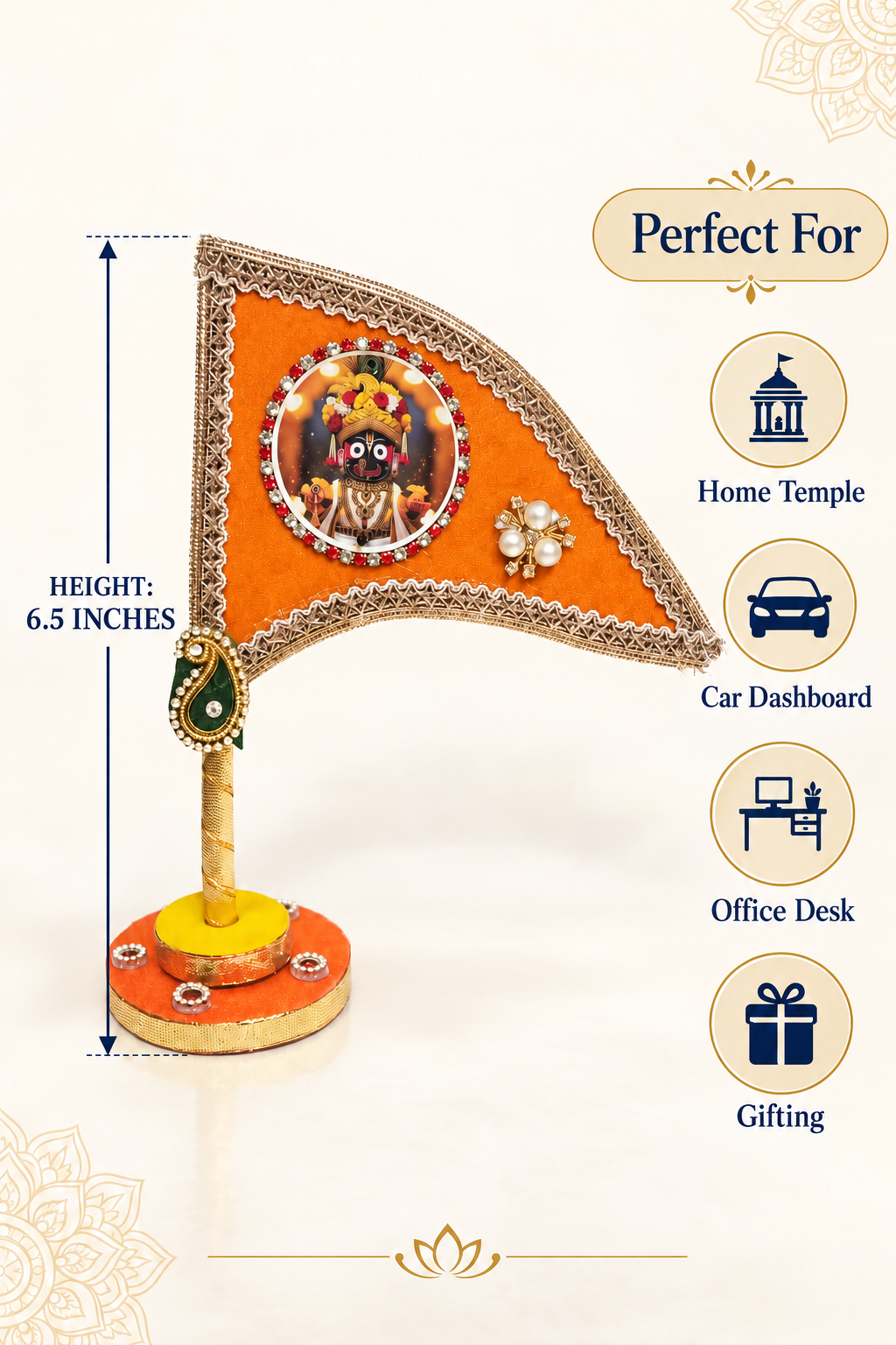 Jagannath Ji orange tabletop nishan 6.5 inch for temple car office and gifting