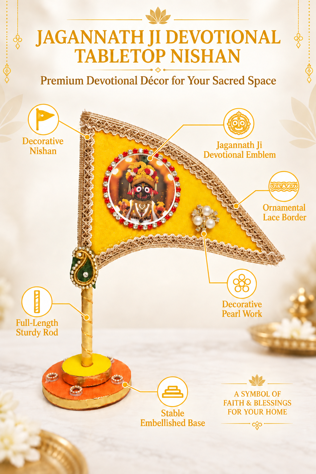 Jagannath Ji yellow devotional tabletop nishan features and decorative details